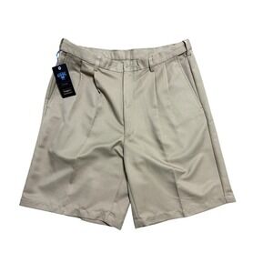 Haggar Cool 18 Gab Shorts Mens 36 Beige Pleated Chino Moisture Wicking Easy Care